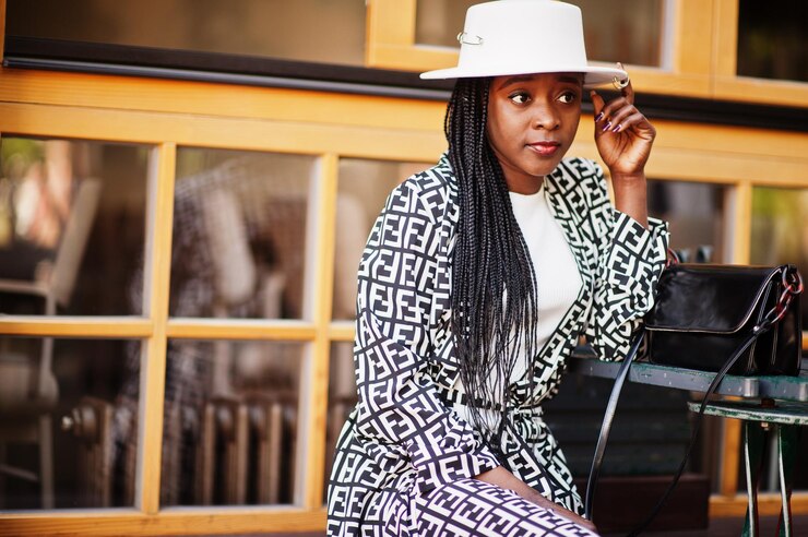 Picture showing a young black woman relaxing and striking a pose for pictures