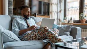 picture showing a guy dressing casually while doing remote work