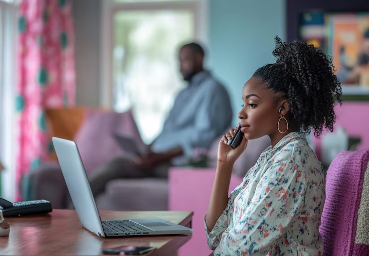 picture showing lady taking official calls for remote work