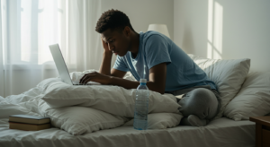 Picture showing a young remote worker sitting on his bed