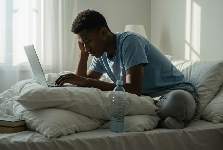 Picture showing a young remote worker sitting on his bed
