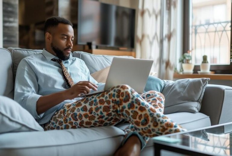 picture showing a guy dressing casually while doing remote work