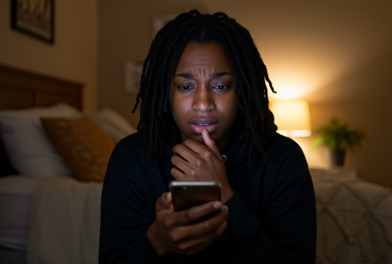 picture showing a young lady using her phone to document her experience from the fire